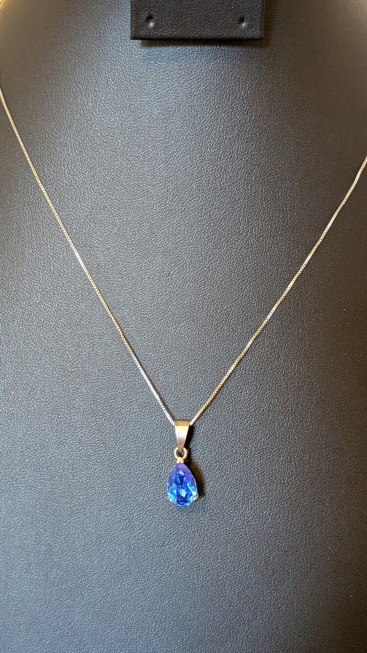 Blue Crystal Teardrop 925 Sterling Silver Pendant & 18" Box Chain Necklace